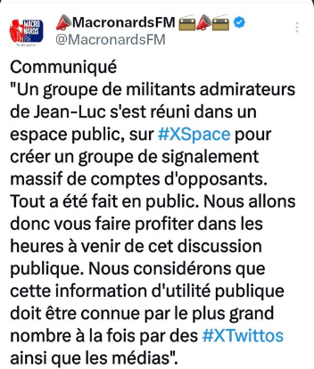 2/  qui se permet d'insulter, de diffamer, de porter des attaques racistes envers des personnes de gauche  comme vous le faites sans demander à qui que ce soit.
C'est juste un procédé de réciprocité.
S'agissant de votre tweet ci-dessous, nous ne sommes pas des admirateurs,