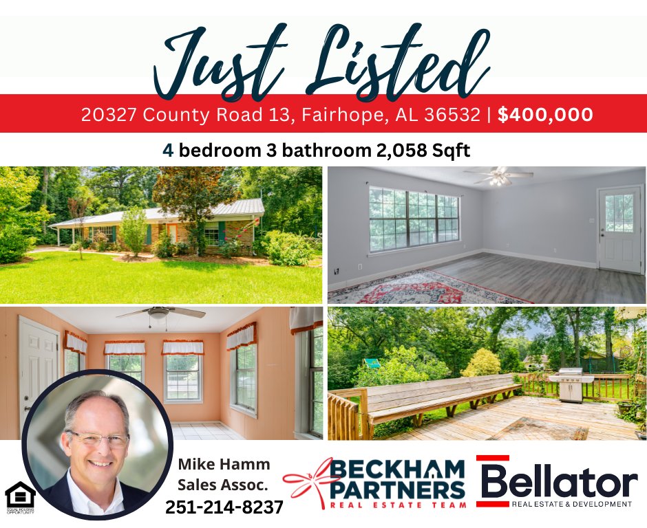 OPEN HOUSE - Sun, 8/20 (2-4PM)
One-story brick home with attached, yet separate, apartment on 1 acre!
20327 County Rd 13, Fairhope
4BR 3BA 2,058 SqFt | $400,000 |  Mike Hamm: 251-214-8237 (Sales Assoc., Beckham Partners (Real Estate Team) - Bellator Real Estate
