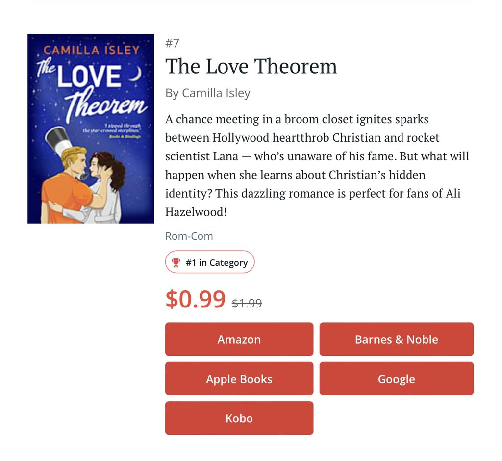 Number 1 deal in the #romcom category… 🤩 #TheLoveTheorem is still 99c at all book stores books2read.com/TheLoveTheorem @BoldwoodBooks