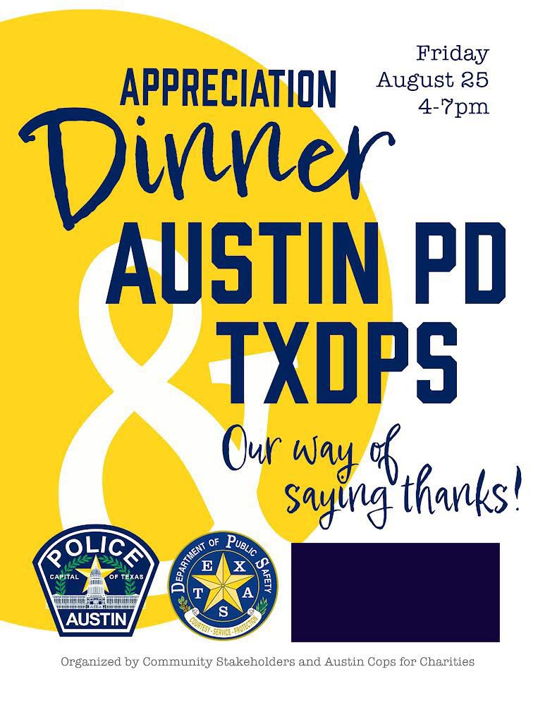 Next week we will be hosting an appreciation dinner for <a href="/Austin_Police/">Austin Police Department</a> &amp; <a href="/TxDPS/">Texas DPS</a> Troopers.

Please consider contributing or donating a raffle item- visit AustinC4C.com or send me a DM 💌.

Our way of saying THANKS to the men and women serving our community.

#ATX 💙❤️