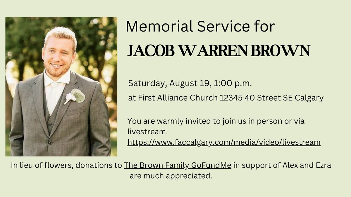 hhachurch's tweet photo. Livestream link for Jacob Brown's Memorial Service being held at First Alliance Church Tomorrow (Saturday, August 19):
https://t.co/XS607PeDkN

In lieu of flowers, donations to The Brown Family GoFundMe in support of Alex and Ezra are much appreciated.
https://t.co/ggoymLo5cc https://t.co/4BKHgDDi0d