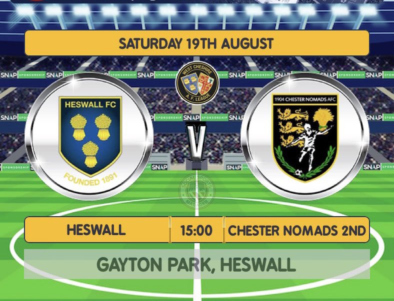 GAME DAY 2

🟦🟨 Heswall FC - 23’s 🟨🟦

📆 Saturday 19th August
⏰ 3pm kick off
📍 Gayton Park, Heswall
⚽️  Chester Nomads Reserves

All support welcome
🟡🔵⚽️🚌
#heswallfootballclub