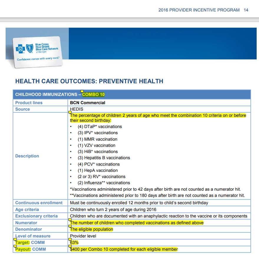 Inversionism's tweet photo. Did you know that Blue Cross Blue Shield has incentive programs for childhood immunizations where pediatricians earn $400 per child if at least 63% of the children in their practice have completed all the vaccines listed in the description?

Note this important part as well... True evil. Gotta poison the babies early. 

*Vaccinations administered prior to 42 days after birth are not counted as a numerator hit. 

**Vaccinations administered prior to 180 days after birth are not counted as a numerator hit.

If you were wondering why some doctors will kick you out of their practice for refusing to give your child the toxic vaccines, it's because they're losing money and it hurts their metrics with the providers like BCBS. It has nothing to do with health or safety of your kid, it's just money and them trying to protect their business. 

There is no pro-vaccine defense of this system. It's predatory by inherent design. 

Welcome to the westernized allopathic rockefeller medical system. Eugenics with profit incentives all the way through.