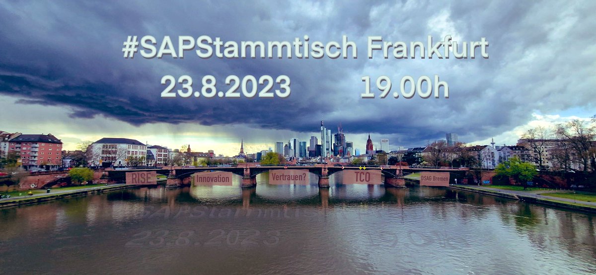 Es braut sich ganz schön was zusammen am SAPThemenhimmel
🌩️🌬️ 🚩🏳️🏴

Am 23.8. ab 19:00 Uhr “tagt” der SAPStammtisch Frankfurt in unserem Ausweichquartier. (Der ApfelweinDax macht Sommerpause 😉)

Registrierlink:  meetup.com/de-DE/sap-stam…