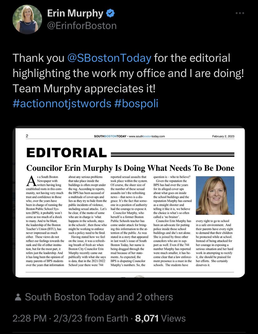ActionErin's tweet photo. Do you think Erin will be proudly sharing her endorsement from the anti-busing publisher of South #Bospoli Today or nah? https://t.co/RRDoPVaG9v