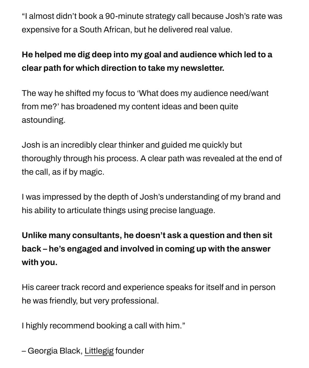 jspector's tweet photo. Effective testimonials counter objections.

To do that, ask buyers this question:

"What obstacle would have prevented you from buying?"

Incorporate their answer into the testimonial.

It makes them more powerful.

Notice how each of these start with common objections 👇 https://t.co/RUmjwBIVJE