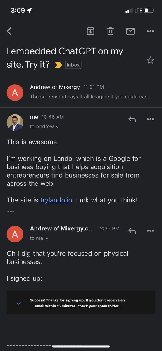 I’ve been a fan of <a href="/AndrewWarner/">Andrew Warner</a> and Mixergy for a long time.

And this time I decided to reply to his recent email to tell him about <a href="/trylandoai/">Lando</a> because ‘why not?’…

And he responded and actually signed up! Pretty cool