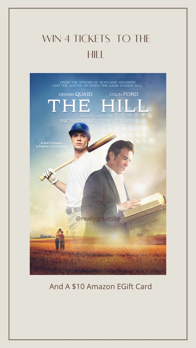 AD: Win 4 Tickets to #TheHillMovie Starring Dennis Quaid in theaters 8/25/23 + an $10 Amazon EGift card. #RWM 
mywahmplan.com/2023/08/win-4-…