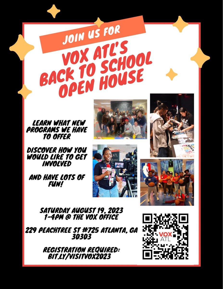 It's not too late to sign up for the VOX Back to School Open House! Stop by to learn about VOX, meet the staff, and learn how you can partner or volunteer! voxatl.app.neoncrm.com/event.jsp?even…