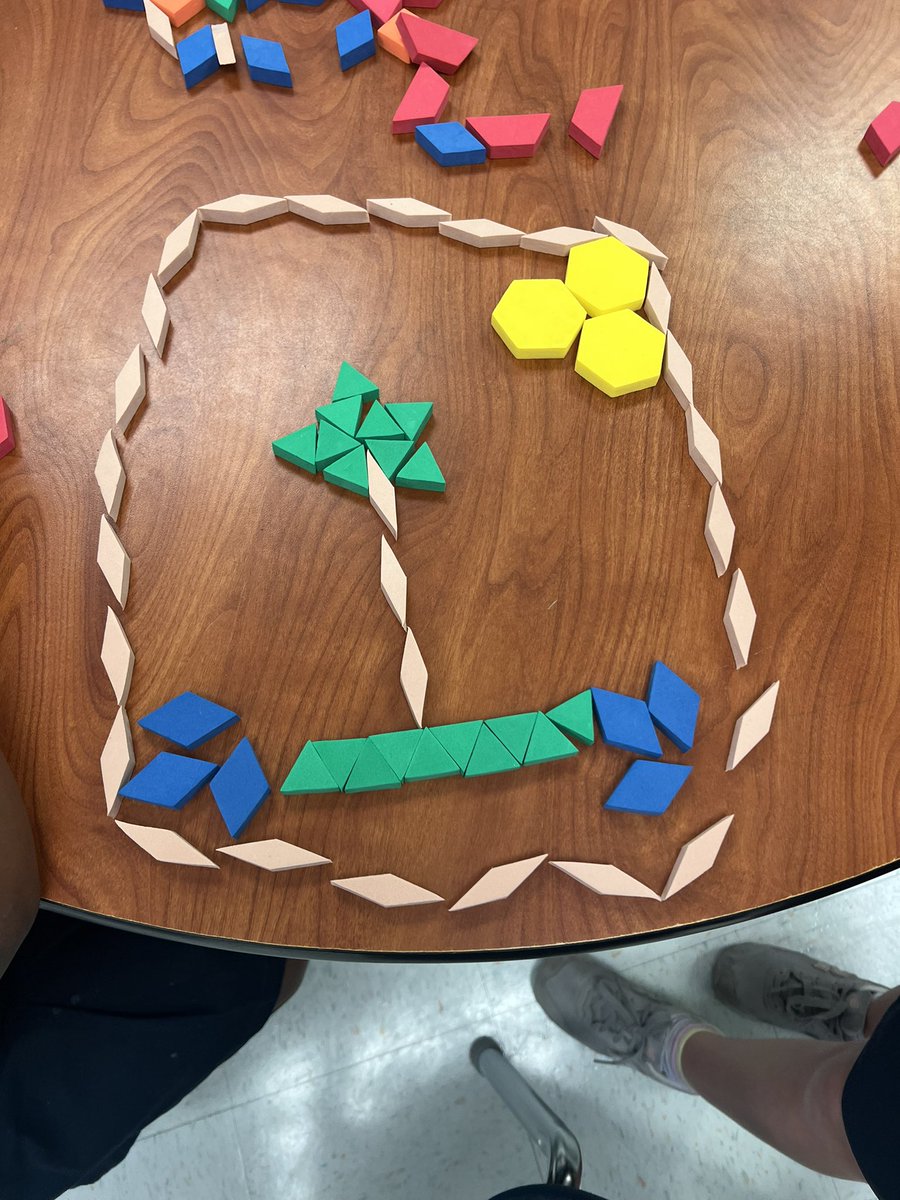 Golden2nd's tweet image. Students are learning all about triangles, quadrilaterals, pentagons, and hexagons. After sorting shapes and naming the number of vertices students created pictures as a collaborative team.  @MaryBAustin ##AimForExcellence #LearningLeading