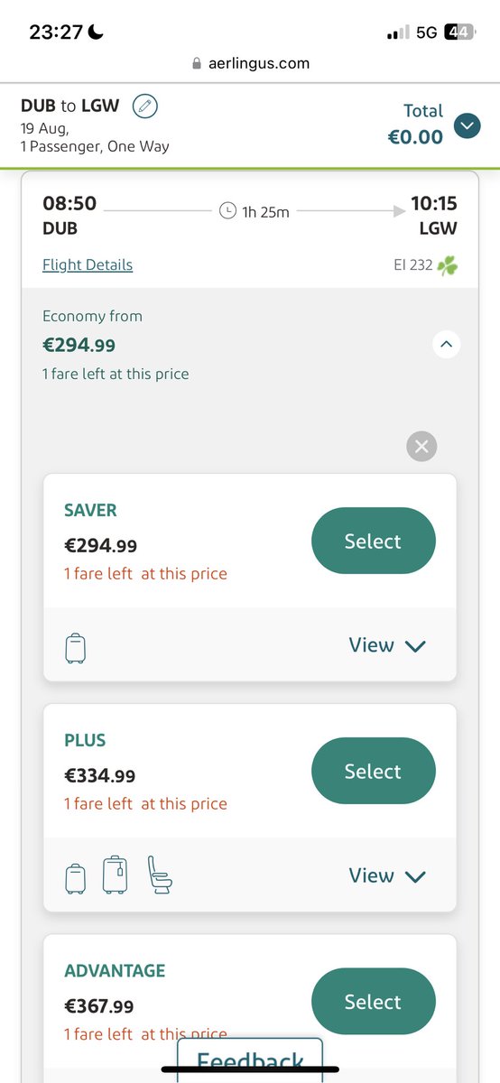 ciaramcentee's tweet photo. Hello @AerLingus , cancelled flight Dub-Gatwick this eve. Told there’s no available flights to put me on tomorrow. But actually site right now has flights to sell. So if I buy this there is room on the flight but there’s no room in compensation for cancelled flight? Explain https://t.co/0E6ayN3xzq