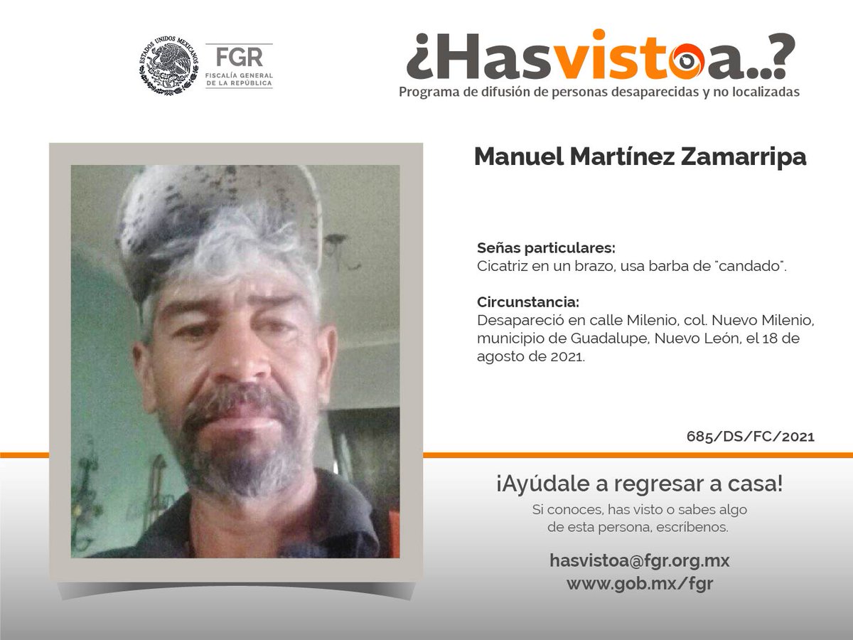 #Comparte, alguien puede tener algún dato que ayude a encontrarle o si conoces, #HasVistoA escribe al correo hasvistoa@pgr.gob.mx ¡Somos personas ayudando a otras personas! Visita: cedac.fgr.org.mx/HASVISTOA/ #desaparecidos #Desaparecidas #HastaEncontrarte #México @FGRMexico