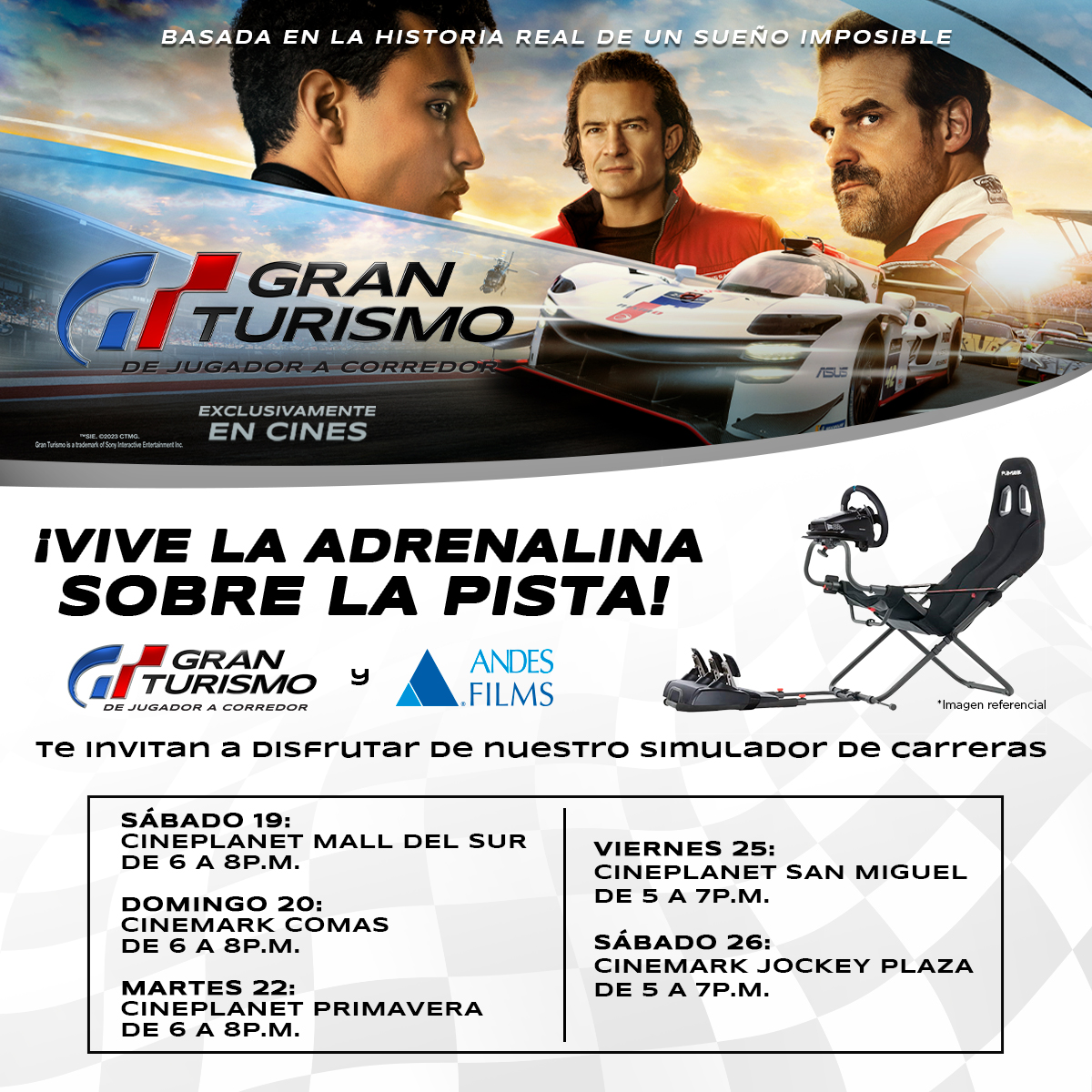 AndesFilmsPe's tweet photo. ¿Crees tener lo necesario para pasar de jugador a corredor? Súbete a nuestro simulador y experimenta la adrenalina del reto que convirtió a Jann Mardenborough en un piloto de carreras en #GranTurismoLaPelícula 🏎️🏁 exclusivamente en cines este jueves 24 de agosto. https://t.co/WwEPH7OmPd