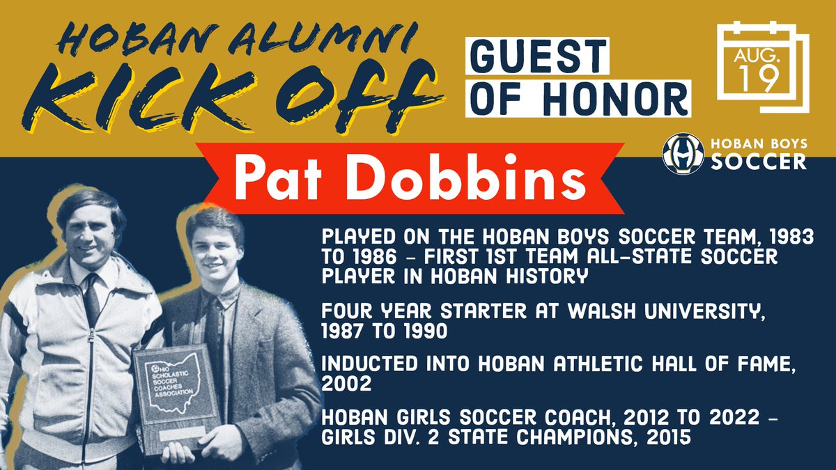 Hoban_Soccer's tweet photo. Join us for our next home game vs. North Royalton HS this Saturday, August 19th at #DowedField! Our special guest, Pat Dobbins, will lead the kick off ⚽ 👏👏. We can't wait to see you there! #GoKnights #HobanFamily #HobanAlumni https://t.co/8efE8wRJQv