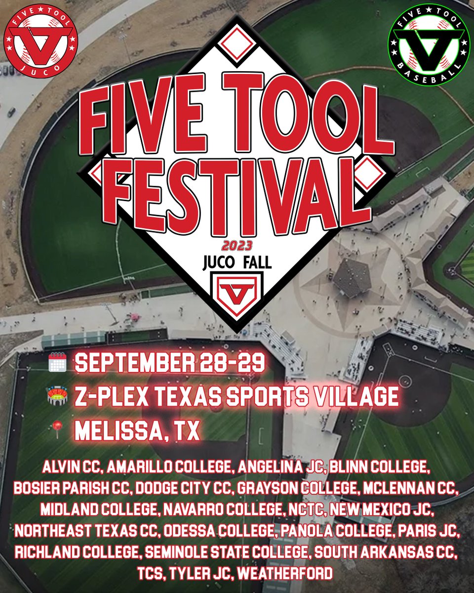 ⚾️New event: @FiveToolJUCO Fall Festival 🗓️September 28-29 🏟️Z-Plex Texas Sports Village (@MelissaSports) 📍Melissa, TX SCHEDULE OUT NOW » events.fivetool.org/events/juco-ro…