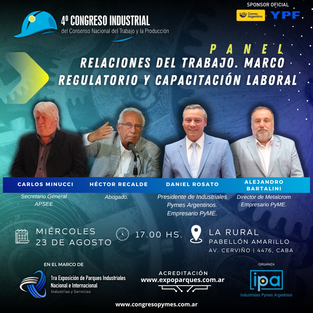 👷🏽RELACIONES DEL TRABAJO. MARCO REGULATORIO Y CAPACITACIÓN LABORAL

🗓️ Miércoles 23 de agosto a las 17.00 hs.
📍La Rural - Av. Cerviño | 4476, CABA, en el marco de @expoparquesind
▶️ Acreditación: eventos.dataexpress.com.ar/#/form/expo-pa…

#CongresoPymes