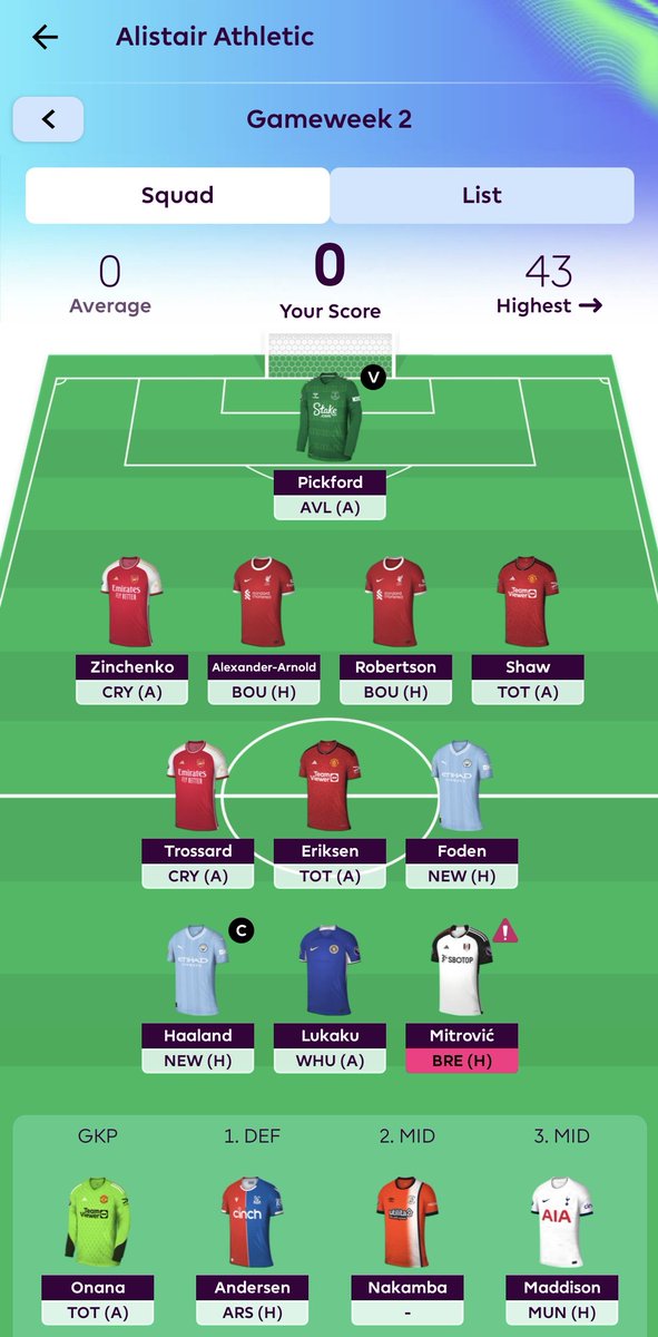 He reinvests those hard earned 20 points and goes into GW2 on 0 points overall, having taken a -20.

Lukaku and Eriksen survive the -20 and both start. Maddison comes in as 3rd sub. He is obviously slowly integrating him into the squad, while he learns his style of play.