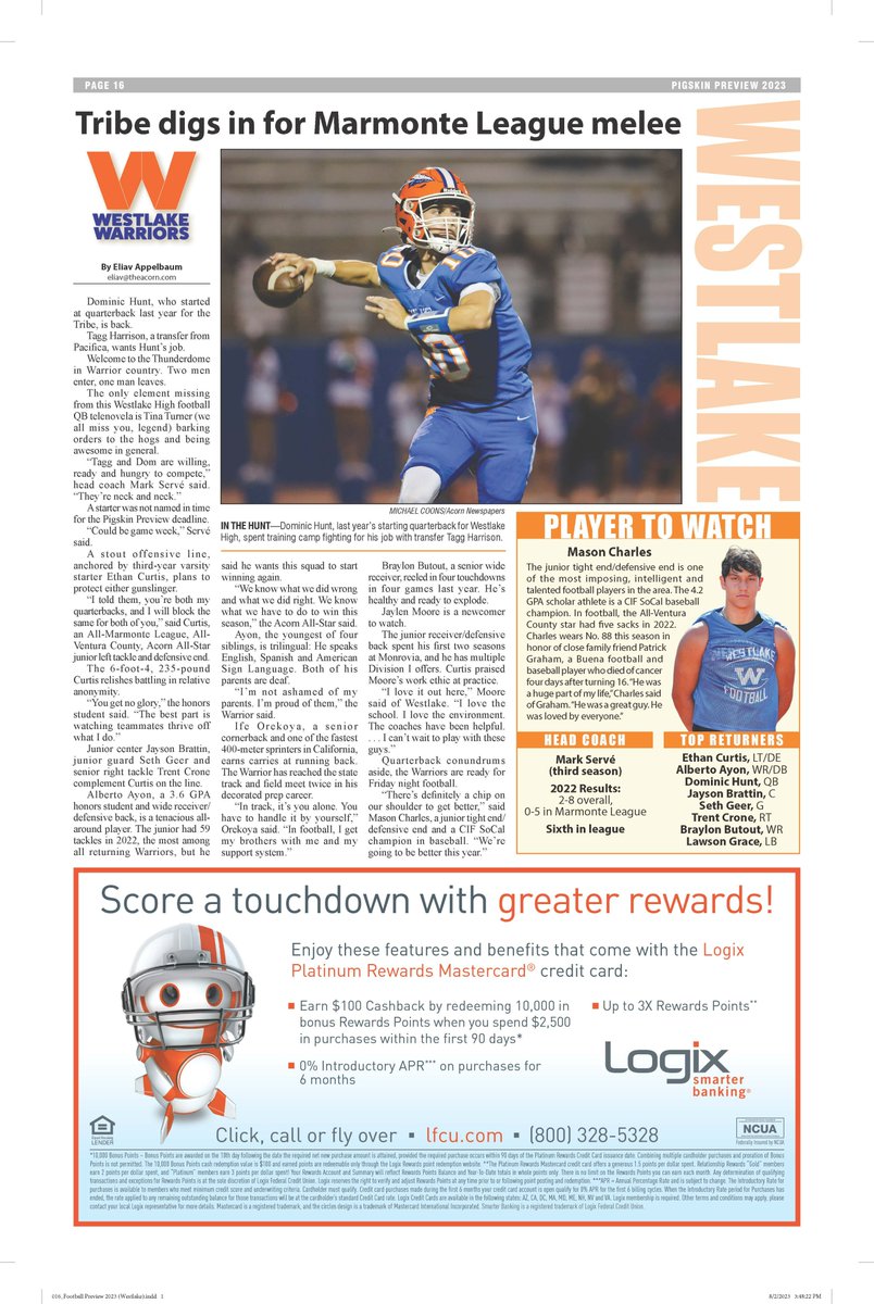 Eliav Appelbaum (@eliavappelbaum) on Twitter photo PIGSKIN PREVIEW - WESTLAKE WARRIORS
<a href="/_WHSFootball_/">WHS Football</a> features talented players all over the field, including <a href="/DominicHuntQB1/">Dominic Hunt</a>, <a href="/alberto_ayon23/">Alberto Ayon</a>, <a href="/mason_charles15/">Mason Charles</a>, <a href="/braylonbutout/">Braylon Butout</a>, <a href="/IfeOrekoya/">Ife Orekoya</a>, <a href="/ethancurtis_70/">Ethan Curtis</a>, <a href="/TrentCrone/">Trent Crone</a>, <a href="/sethgeer66/">Seth Geer</a>, <a href="/JhonasPinkard/">Jhonas Pinkard</a>, @RyanLeff6, <a href="/TylerStearns_/">Tyler Stearns</a>. PIGSKIN PREVIEW - WESTLAKE WARRIORS
<a href="/_WHSFootball_/">WHS Football</a> features talented players all over the field, including <a href="/DominicHuntQB1/">Dominic Hunt</a>, <a href="/alberto_ayon23/">Alberto Ayon</a>, <a href="/mason_charles15/">Mason Charles</a>, <a href="/braylonbutout/">Braylon Butout</a>, <a href="/IfeOrekoya/">Ife Orekoya</a>, <a href="/ethancurtis_70/">Ethan Curtis</a>, <a href="/TrentCrone/">Trent Crone</a>, <a href="/sethgeer66/">Seth Geer</a>, <a href="/JhonasPinkard/">Jhonas Pinkard</a>, @RyanLeff6, <a href="/TylerStearns_/">Tyler Stearns</a>.