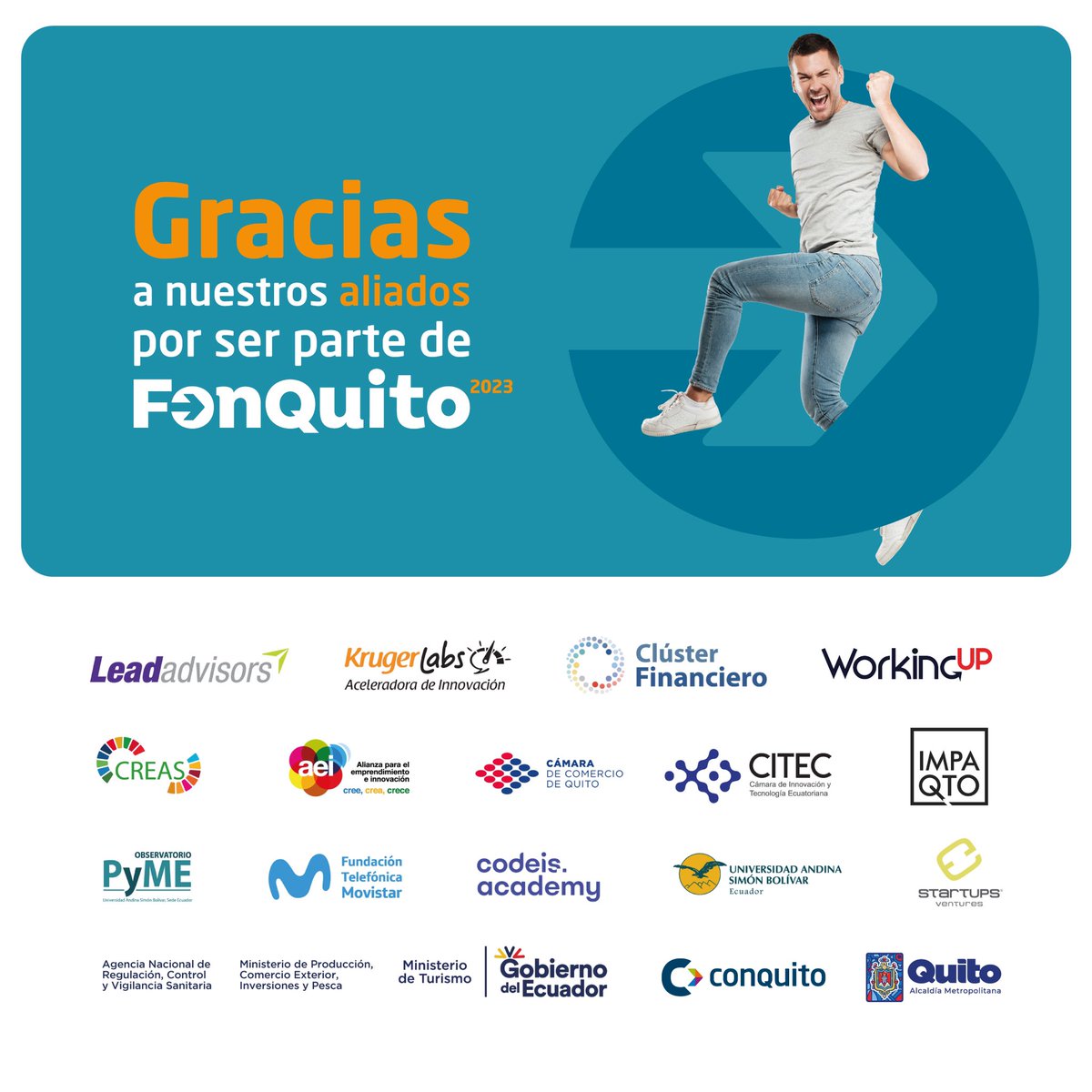 ¡Agradecemos a nuestros aliados de #FonQuito 2023!

Quienes impulsaron a través de diversos espacios el fondo de emprendimiento para impulsar proyectos domiciliados en el DMQ.

#QuitoRenace