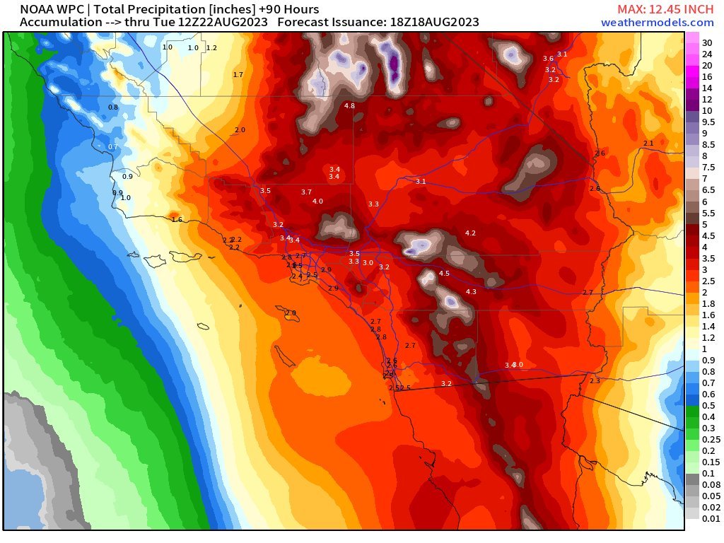Richard40565164's tweet photo. #HurricaneHilary epic Rainfall in #CochellaValley as well as #DeathValley will increase the water in #OwensLake Palm Springs Desert Springs and could see 150 - 200 percent of annual rain in a 24-48 hour period. #CAwx https://t.co/7uprNzV188