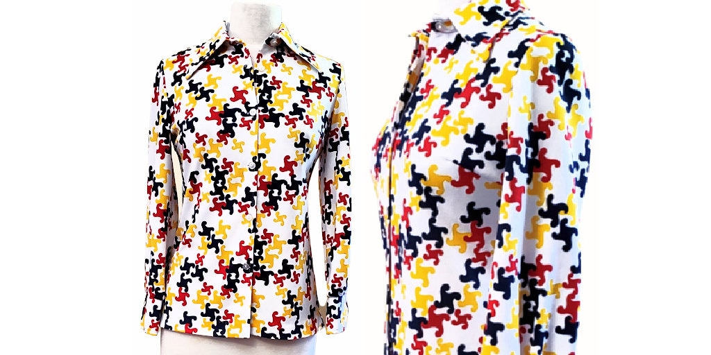 RetrouvBiz's tweet image. Vintage 1970s novelty print shirt | 70s retro polyester disco shirt | Size M tuppu.net/966f242a #Etsy #RetrouverBizVintage #FunkyShirt
