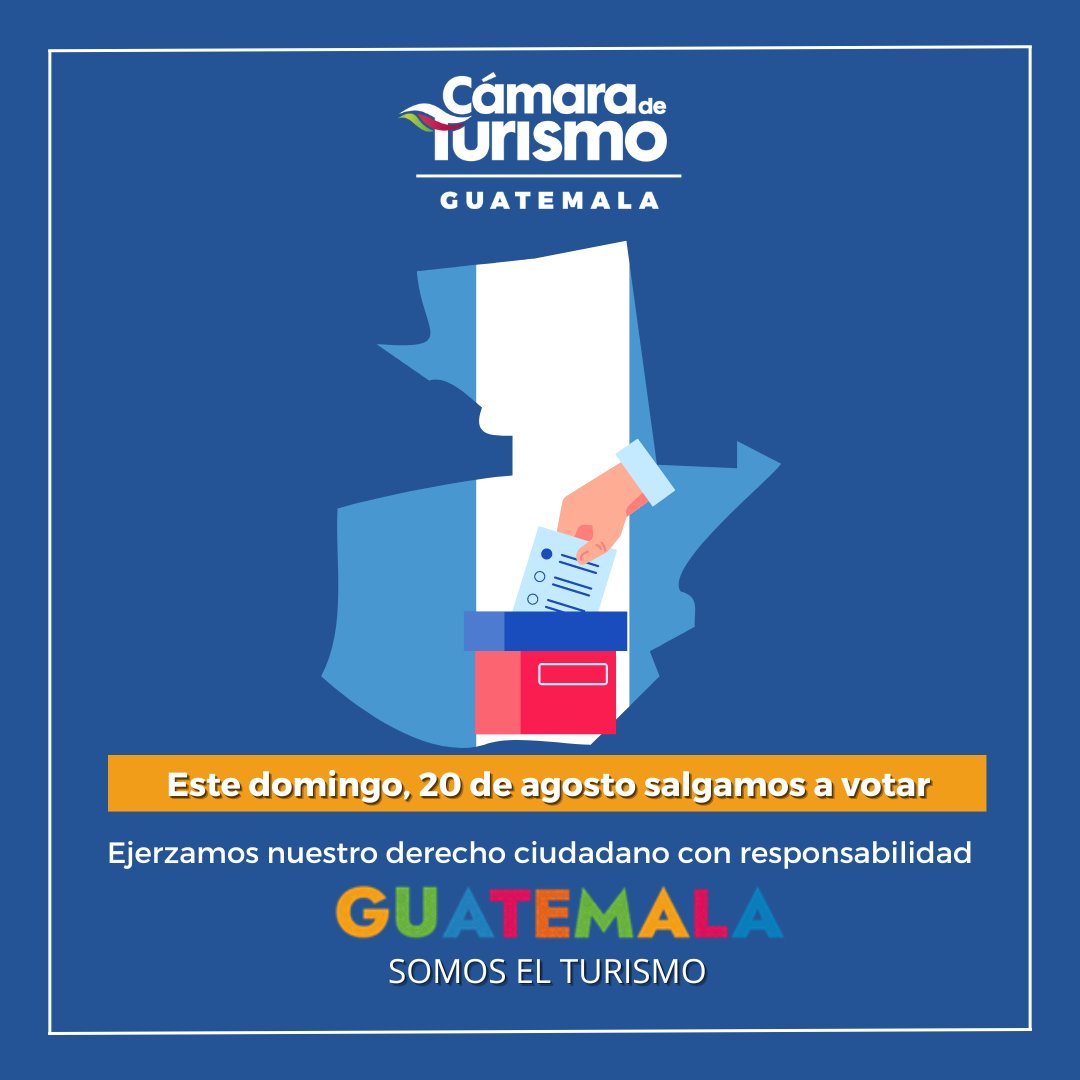 CAMTUR1's tweet photo. ¡Este domingo, 20 de agosto salgamos a votar! 
Ejerzamos nuestro derecho ciudadano con responsabilidad. #guatemalasomoselturismo 🇬🇹

#CAMTUResturismo #TurismoGuatemala #votaciones2023 #GuatemalaCambiaConTuVoto #VotaPorGuate #laseleccionessonnuestra #TurismoSomosTodos https://t.co/CdDASf9eHP
