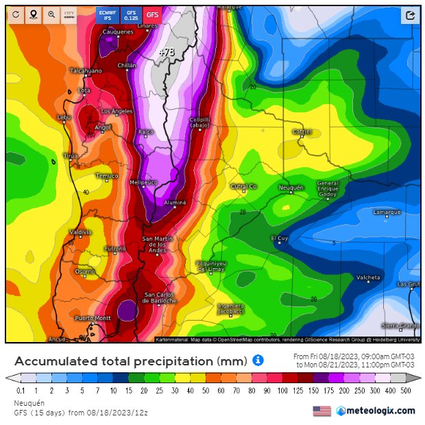 #Alertarojo
Durante este fin de semana se prevén lluvias y nevadas extremas sobre el oeste y noroeste de Neuquén y sudoeste de Mendoza.  Se muestra el área afectada y la estimación de acumulados hasta el lunes por la noche según modelo GFS. No se descartan acumulados aún mayores.