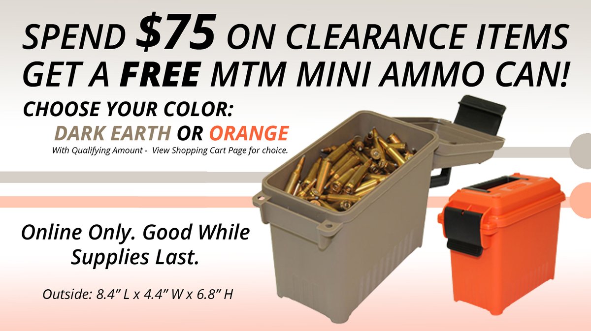 grafandsons's tweet image. Purchase $75 or more of CLEARANCE products and get a FREE MTM Mini Ammo Can!
Choose between Dark Earth or Orange. Online Only. While Supplies Last.
ow.ly/wBtM50PAUWh

#GetitatGrafs #clearance #FREE #MTM
