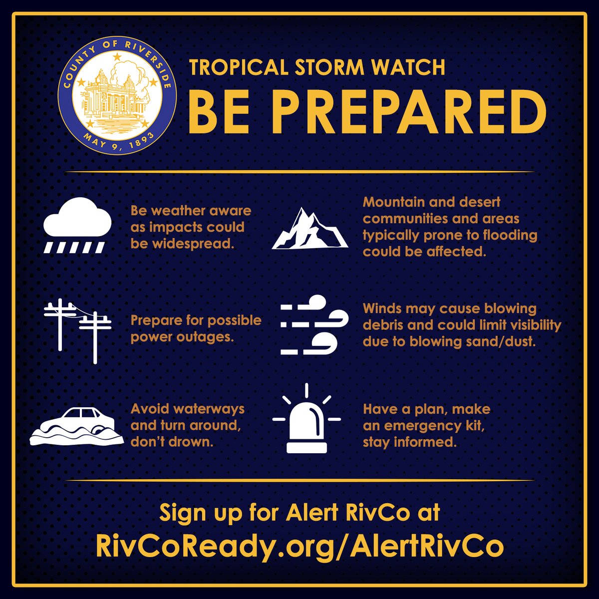 Prepare NOW for the upcoming tropical storm, #RivCo. Following essential steps such as creating an emergency kit, securing your property, staying informed through weather updates, and having a plan can help you effectively prepare for a tropical storm. Remember to sign up for…