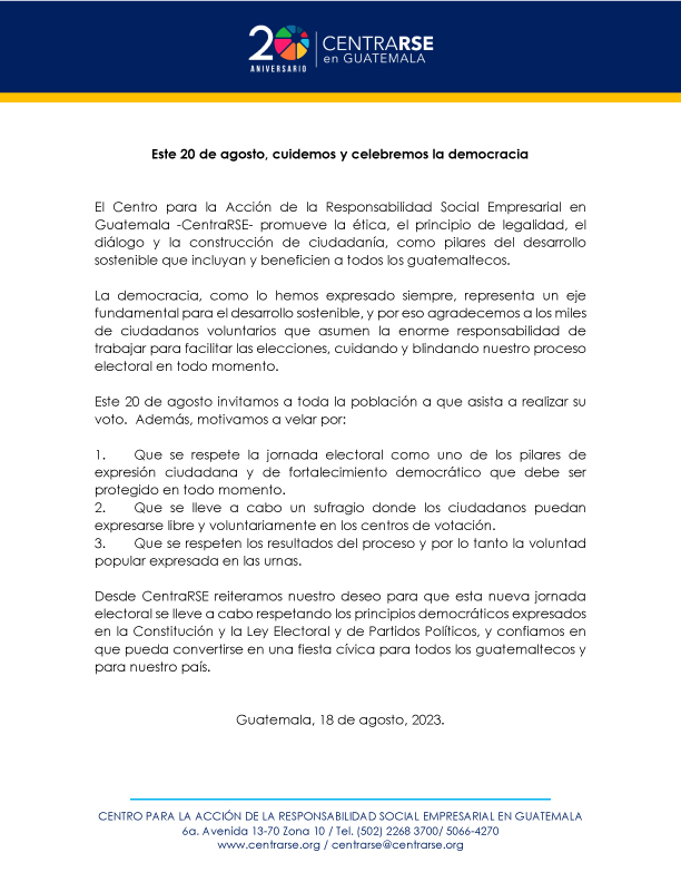 CentraRSE's tweet photo. @CentraRSE realiza un llamado a la población para que la nueva jornada electoral del 20 de agosto, se lleve a cabo respetando los principios democráticos establecidos en la Constitución y Ley Electoral y de Partidos Políticos, motivando que pueda ser una fiesta cívica para todos https://t.co/JEFqGapUnB