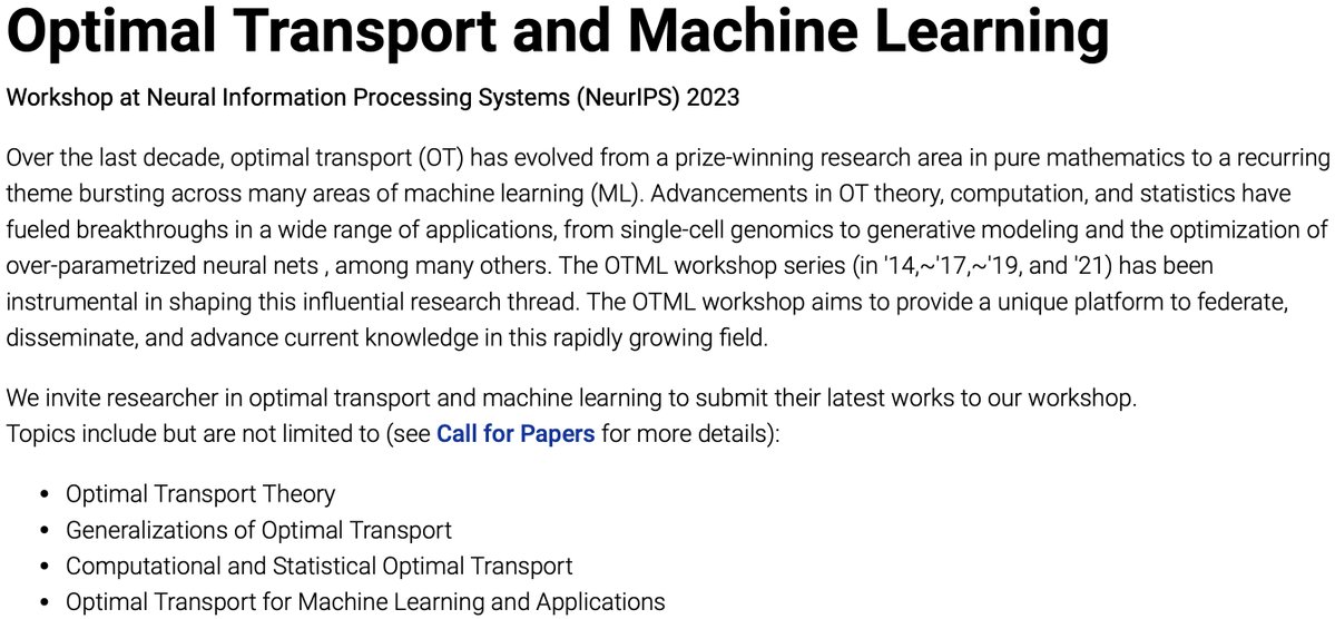 _bunnech's tweet photo. ✨Another edition of the Optimal Transport and Machine Learning workshop is taking place at #NeurIPS2023.
🚀Contribute your work on OT and theory, computation, deep learning, or applications until Sept 29 (https://t.co/5sPVqDNT5L)! Details on speakers and schedule coming soon. https://t.co/dkfldJhwFq