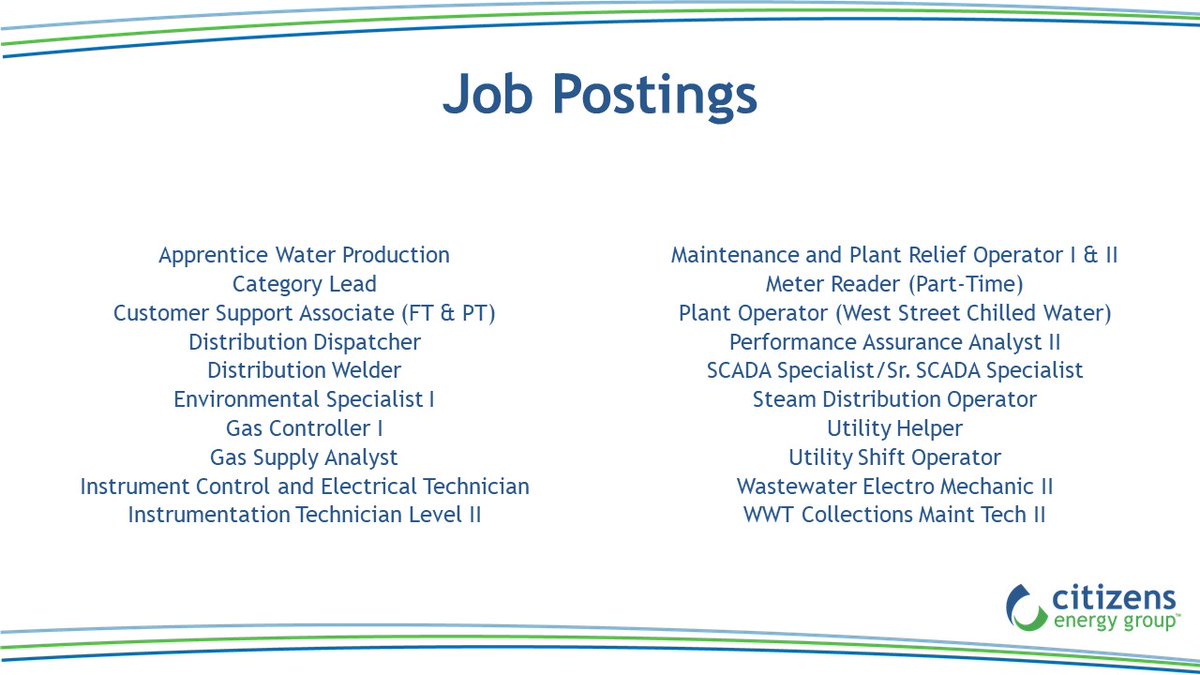 citizensenergy's tweet photo. New jobs are open at Citizens Energy Group! Below is a list of the few we have currently posted! Job descriptions, openings, and how to apply at https://t.co/Y2OKrG7JWP
.
.
.
.
#Job #Indianapolis #Indy #IndyJobs #IndianapolisJob #Holidays #Water #Gas #Sewage #HometownUtility https://t.co/PV4QBOXdRG