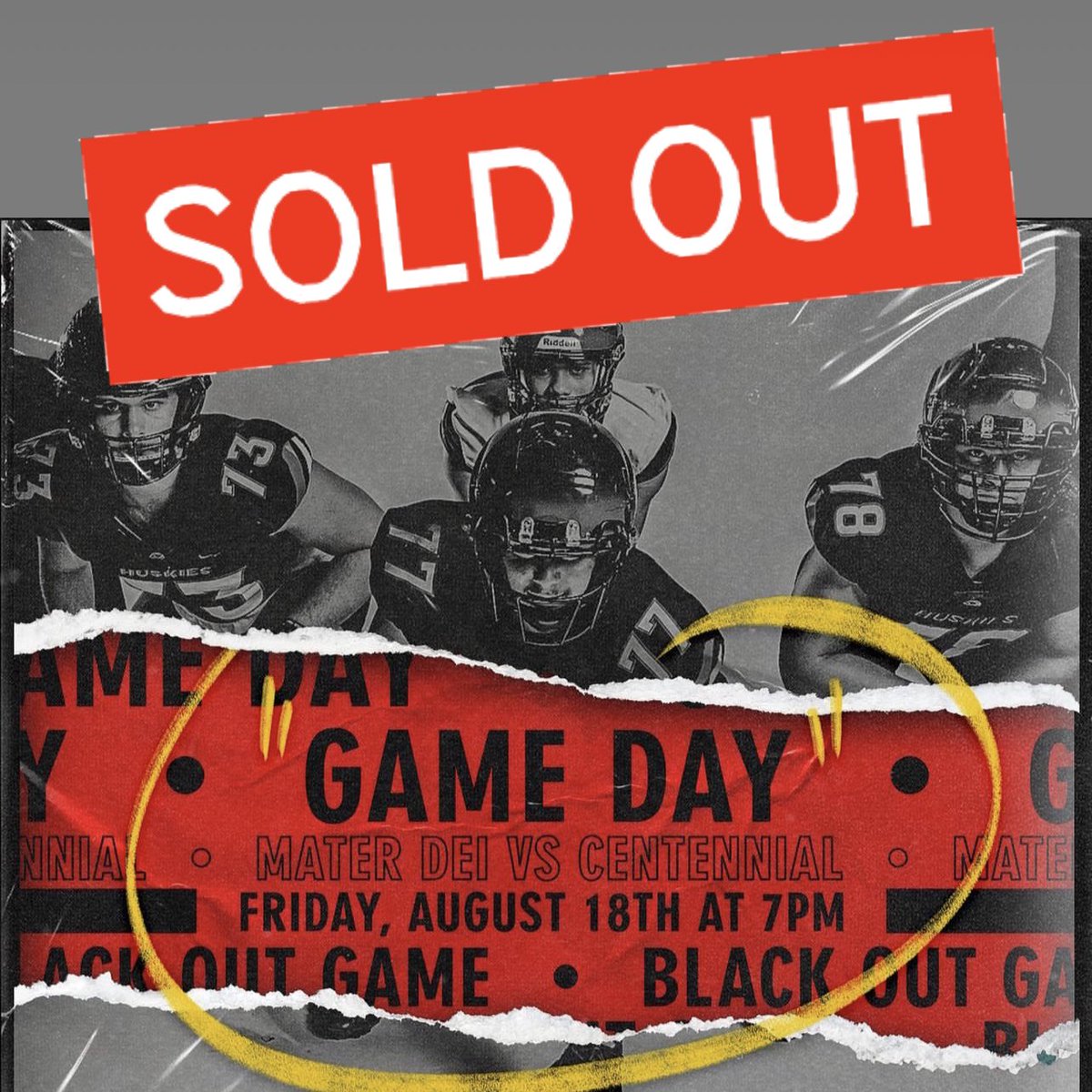 Centennial HS, CNUSD (@cen10huskies) on Twitter photo 🚨Tickets are SOLD OUT🚨
If you do not have a GOFAN ticket already purchased, please plan on watching the game on TV.
No tickets will be sold at the door. Go Huskies! <a href="/Cen10Football/">Corona Centennial Football</a> <a href="/MDFootball/">Mater Dei Football</a>
Bally Sports
bspts.cc/high-school-fo…
NFHS Network
nfhsnetwork.com/events/cifss/g… 🚨Tickets are SOLD OUT🚨
If you do not have a GOFAN ticket already purchased, please plan on watching the game on TV.
No tickets will be sold at the door. Go Huskies! <a href="/Cen10Football/">Corona Centennial Football</a> <a href="/MDFootball/">Mater Dei Football</a>
Bally Sports
bspts.cc/high-school-fo…
NFHS Network
nfhsnetwork.com/events/cifss/g…