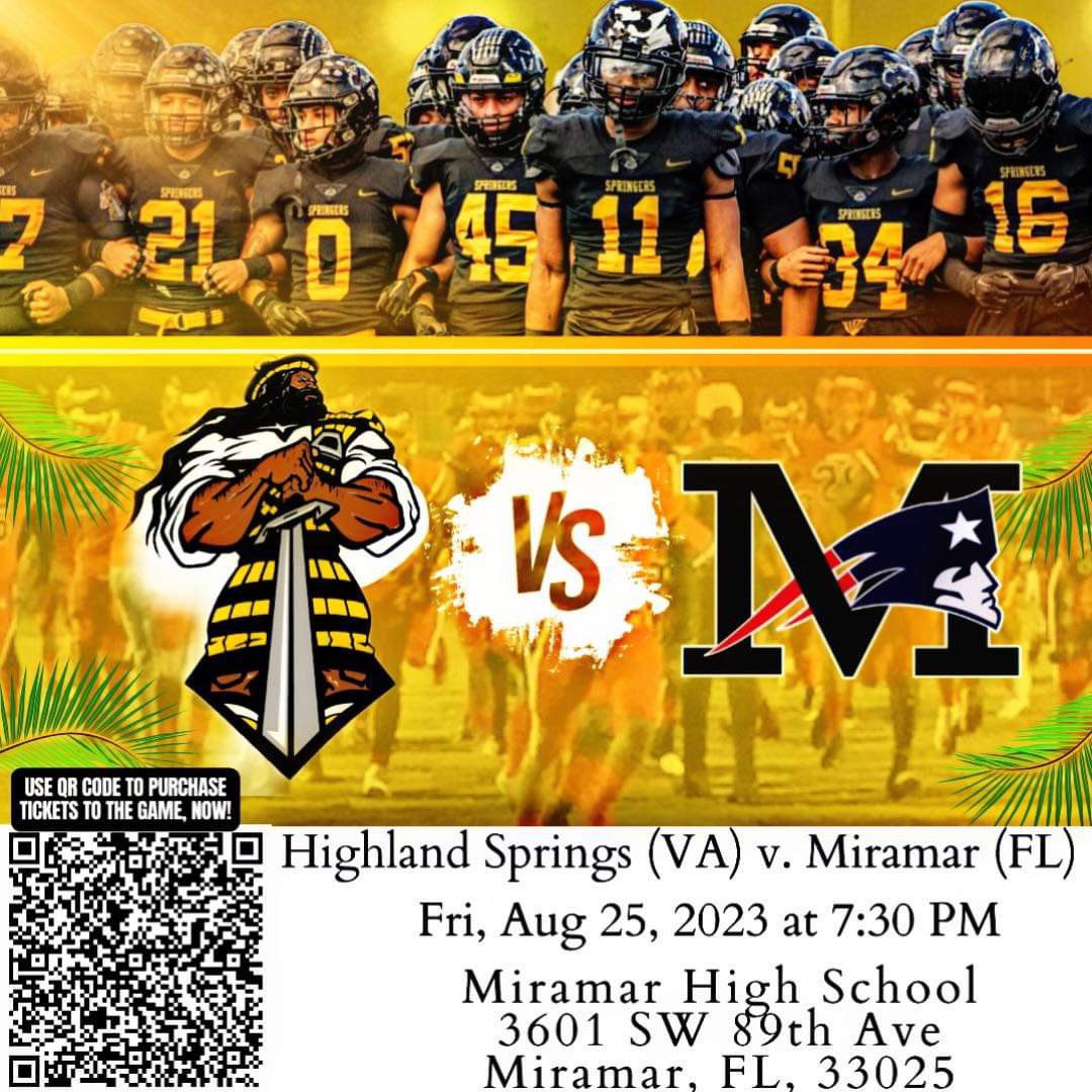 One week until @gohshsfootball playing in the Broward County Showcase against @MiramarFootball! The Springers will be coming into the game as the No. 1 Ranked team in Virginia and ranked in the top 75 nationally. If you cannot make the trip, the game will be live on @flosports