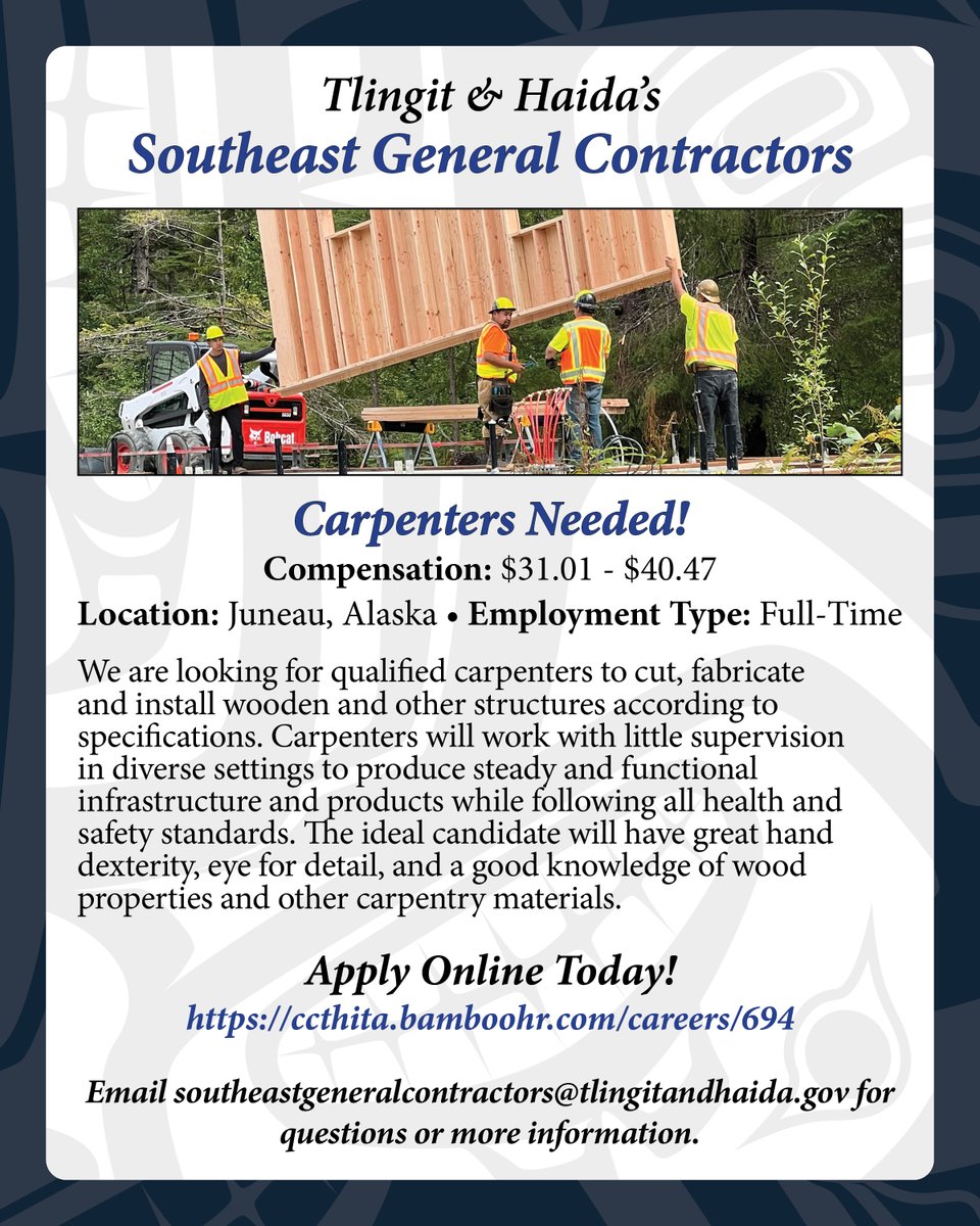 Our Southeast General Contractors construction company is looking for skilled carpenters! The job offers 19 days of personal leave per year (starting), 15 paid holidays and many other benefits.

𝐏𝐚𝐲 𝐑𝐚𝐧𝐠𝐞: $31.01 - $40.47 (DOE)
𝐀𝐩𝐩𝐥𝐲: ccthita.bamboohr.com/careers/694