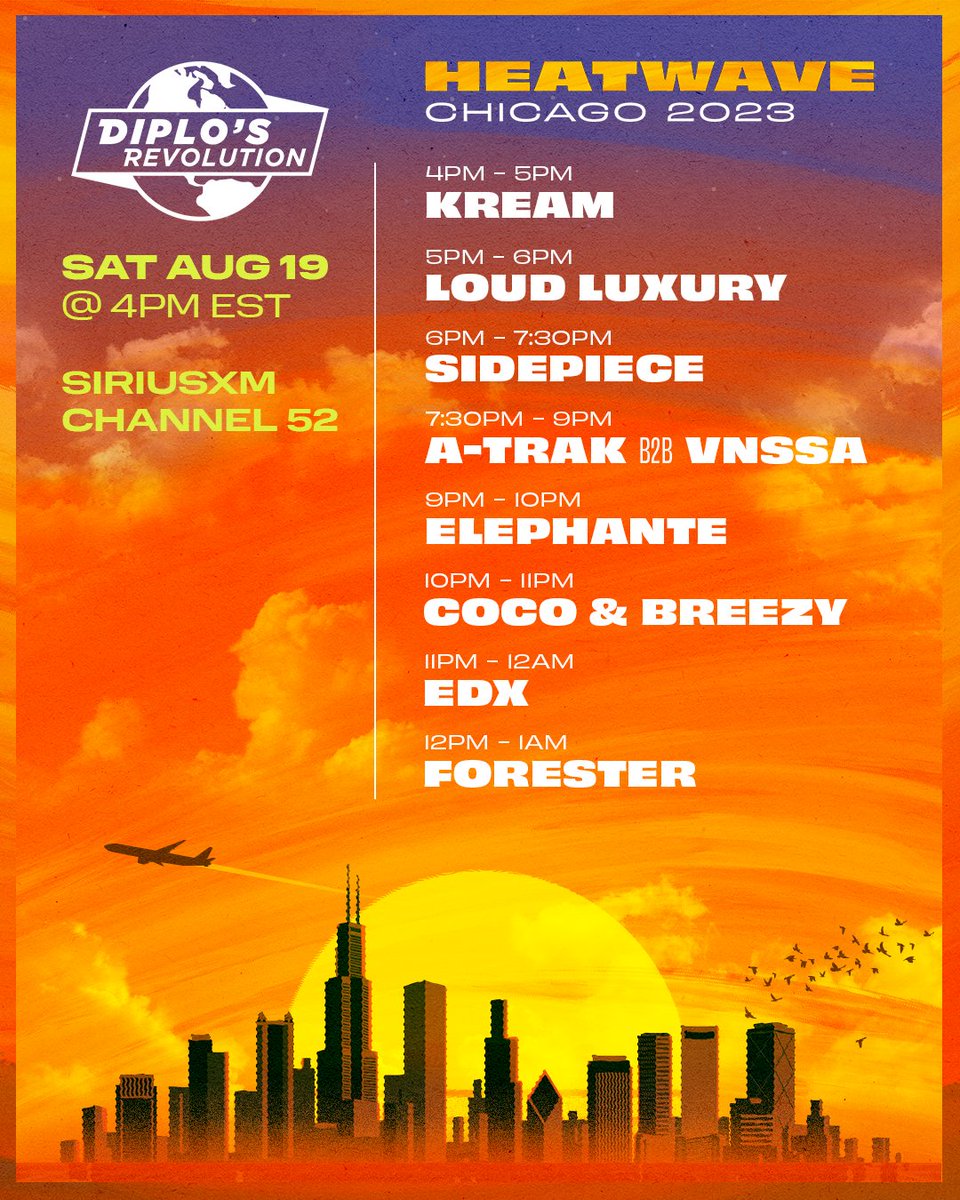 TUNE IN ❤️‍🔥 Listen to live sets from <a href="/wearekream/">KREAM</a>, <a href="/LoudLuxury/">LOUD LUXURY</a>, <a href="/atrak/">Medieval Knievel</a> b2b <a href="/VNSSAmusic/">GRDN RMSY</a>, &amp; more from Heatwave 2023 on @Diplo's Revolution tomorrow!

Listen on <a href="/SIRIUSXM/">SiriusXM</a> → siriusxm.us/HeatWave2023