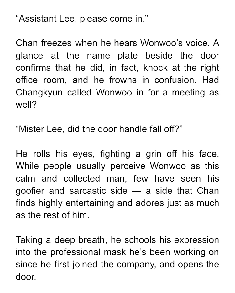cinematicode's tweet photo. #WIP after months of not writing, i bring you a snippet of my upcoming wonchan office romance au as a (late 🥲) bday gift for @rosevitrail 🎁

i'm sorry i couldn't finish on time, wonchan started acting out and it's almost at 2k now— but i'm excited to finish it after my exams 🤍 https://t.co/snt2tvIzgF