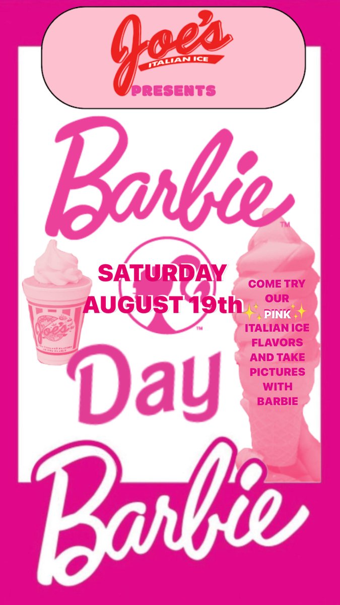 joesice's tweet photo. HEY, BARBIE!!!! Come stop at Joe's this saturday and experince a Barbieland like never before!!
DON'T FORGET TO TAKE A PICTURE WITH OUR SPECIAL GUEST *WINK WINK*, SEE YA THERE!
#JOESITALIANICE #JOES #BARBIELAND #BARBIE #BARBIEDAY #KENENOUGH #KEN #HEYBARBIE #DISNEYLAND #PINKBARB https://t.co/bjA3gfDjFz