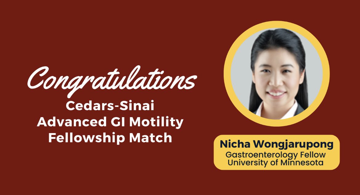 Congratulations to one of our 3rd year gastroenterology fellows, Nicha Wongjarupong (@NichaWongja), who matched at Cedars Sinai for an advanced 4th year fellowship position in GI #Motility! #GITwitter @CedarsSinai