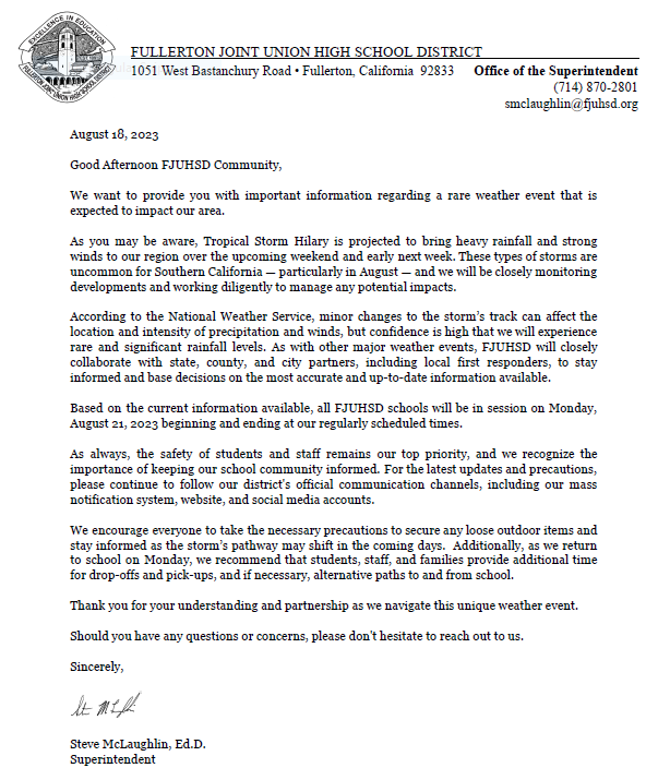 fjuhsd's tweet photo. Important Safety Message from the Superintendent. Please scroll to read the message.  #fjuhsdfamily #fjuhsdistheplacetobe https://t.co/OttCxGxe6u