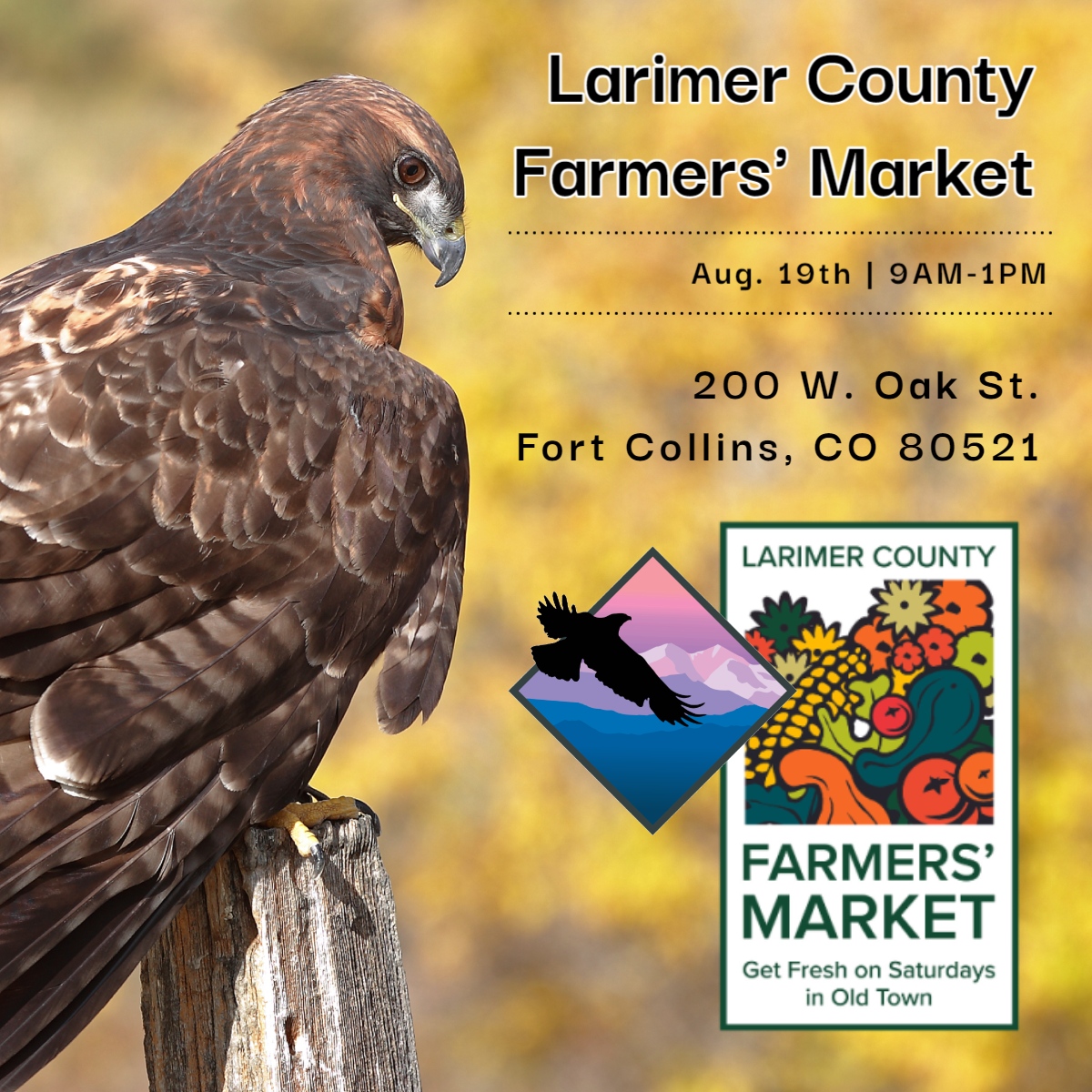 Join us tomorrow at the Larimer County Farmers' Market in Fort Collins! We'd love to meet you and teach you something new about raptors.

#local #fortcollins #familyfriendly #visitfortcollins #conservationeducation