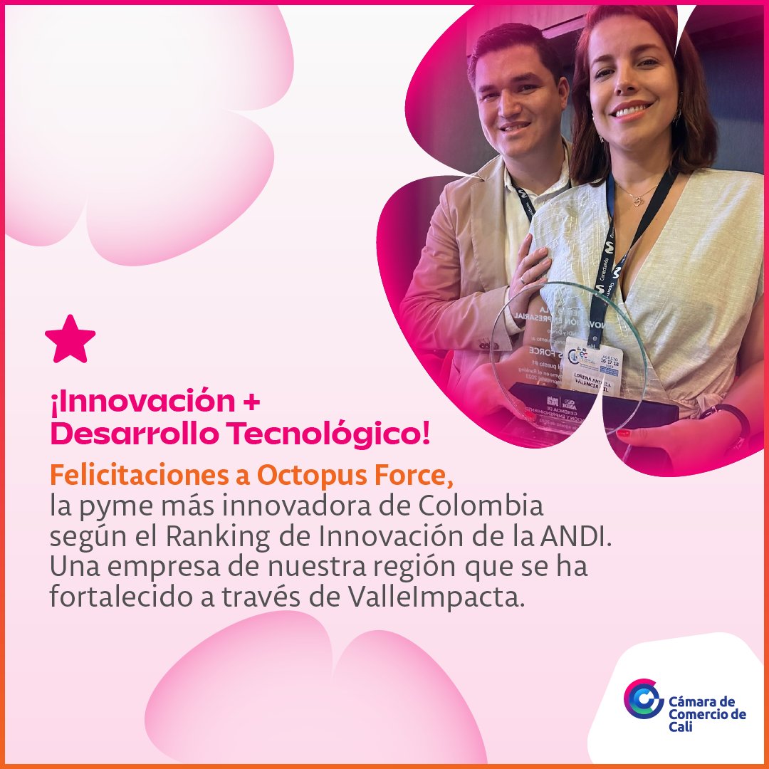 camaracali's tweet photo. Destacamos el logro de @OctopusForce, empresa reconocida 🥇 como la pyme más innovadora 💡 del país, ubicándose en la tercera posición del Ranking de Innovación Empresarial de la @ANDI_Colombia, entre 340 empresas de todos los tamaños, creciendo 21 puestos con relación al escalafón de 2022 y destacándose como la #1 de su sector en el departamento. 

Felicitamos a @lorenatech y @felipeortiz89 por este logro y por apostarle a romper paradigmas, incentivar el empoderamiento femenino e innovar constantemente 💪🏼. Su labor ha sido fundamental para impulsar el cambio estratégico en las empresas de la región y articular 🤝 esfuerzos entre academia, sector empresarial y sector público.

Octopus Force fue participante de #ValleImpacta, programa que le permitió crecer exponencialmente 📈, a través de herramientas y metodologías de escalamiento empresarial. Conoce más de #ValleImpacta 👉 https://t.co/fW5EfyRJoI