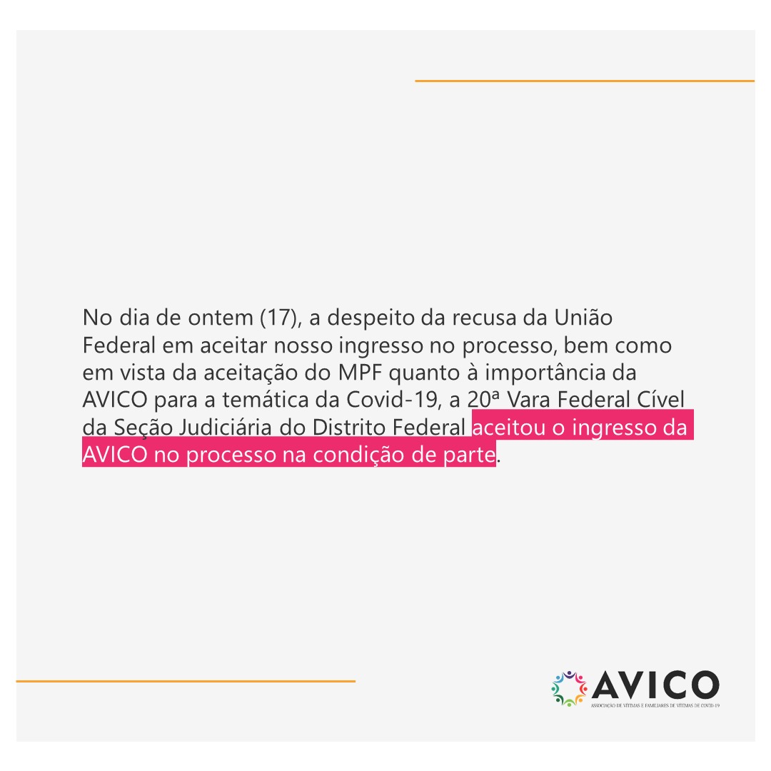 AvicoBrasil's tweet photo. Fomos aceito como parte (assistentes listesconsocial) em Ação Civil Pública do MPF contra a União e em defesa das famílias enlutadas e sobreviventes com sequelas graves da covid longa. Conquistamos a legitimidade social, política e agora jurídica do nosso coletivo!✊✊✊ https://t.co/OaLfSNZuEK