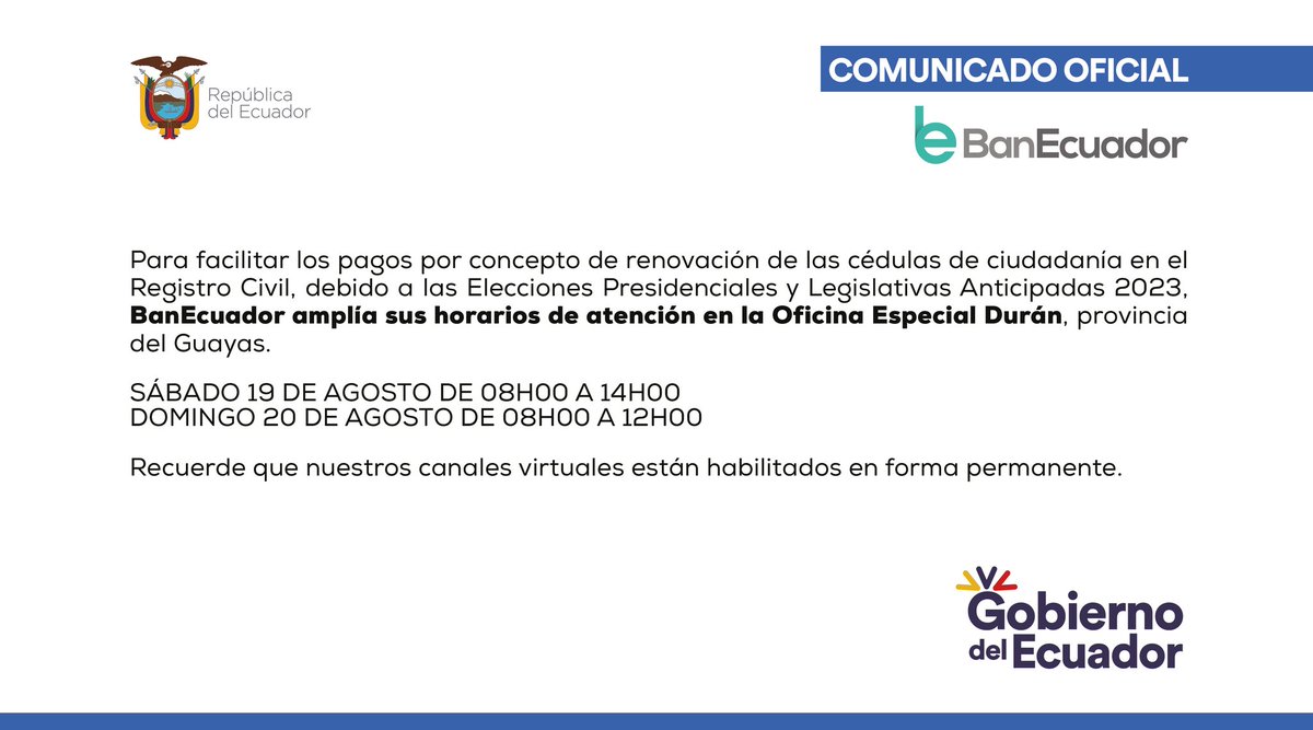 BanEcuadorBP's tweet photo. 📢 COMUNICADO OFICIAL 📢

BanEcuador comunica importante mensaje a la ciudadanía. 

Más Información Aquí 👇 https://t.co/jCD3h6UW1R