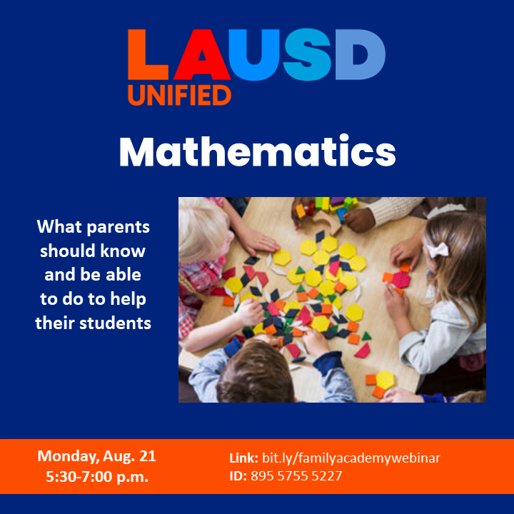 Office of Student, Family and Community Engagement (@lausdfamilies) on Twitter photo .<a href="/LASchools/">Los Angeles Unified</a> families, learn from Div. of Instruction <a href="/LAUSD_Achieve/">Los Angeles Unified Division of Instruction</a> about the instructional standards used in Mathematics from TK-12th grade. Learn strategies to connect school to home. Join us on Mon. 8/21 at 5:30pm on: bit.ly/familyacademyw… .<a href="/LASchools/">Los Angeles Unified</a> families, learn from Div. of Instruction <a href="/LAUSD_Achieve/">Los Angeles Unified Division of Instruction</a> about the instructional standards used in Mathematics from TK-12th grade. Learn strategies to connect school to home. Join us on Mon. 8/21 at 5:30pm on: bit.ly/familyacademyw…