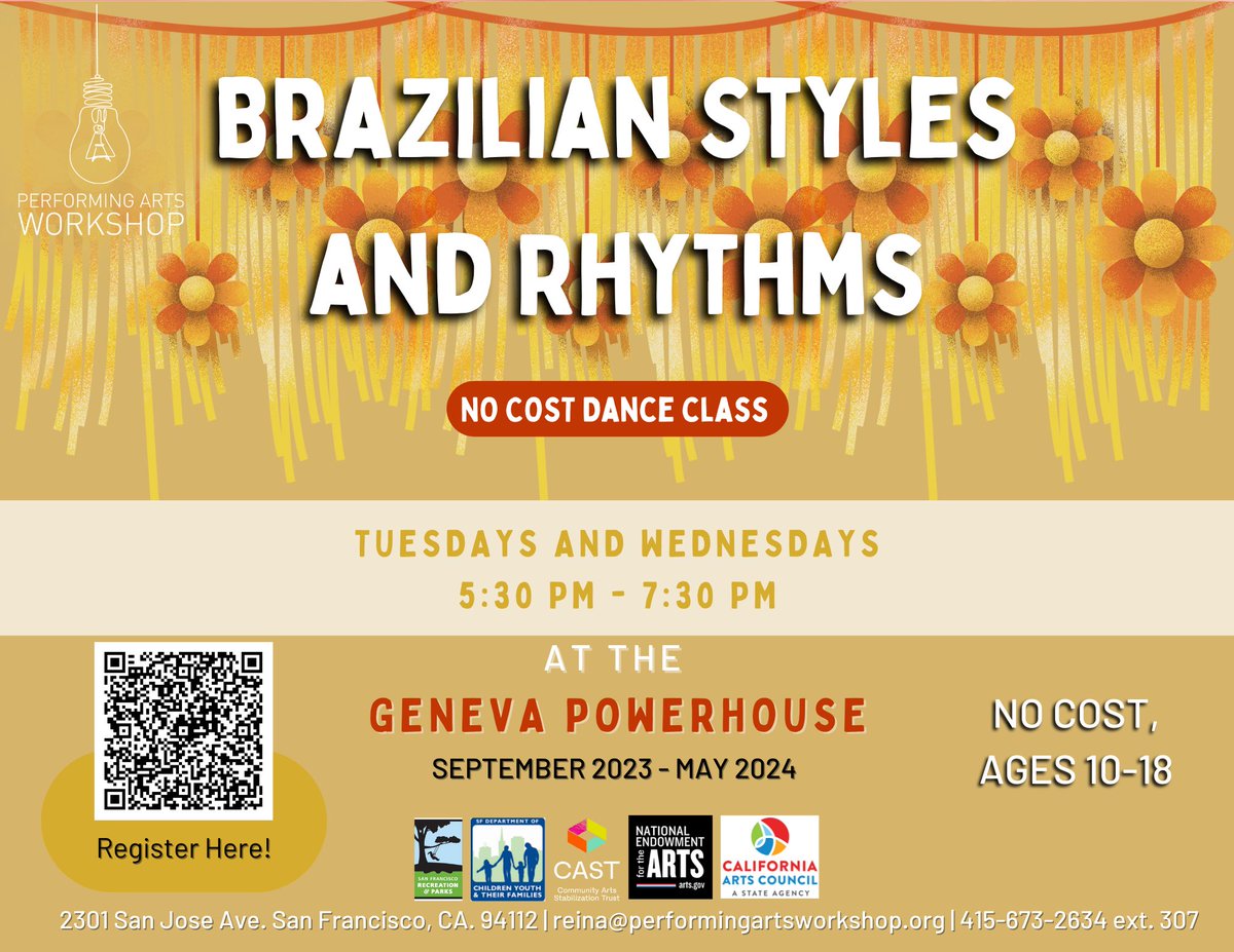 PerformingArtsW's tweet photo. Listen up listen up 🗣️ Our new Brazilian Styles and Rhythms dance class led by Teaching Artist Mentor Daniela 🌟 starts August 29 ⏰

No-cost, ages 10-18, and fun for all 🎶 Every Tuesday &amp; Wednesday, 5:30-7:30 PM at the Geneva Powerhouse 🇧🇷🕺Link in our bio to register 💃 https://t.co/w2PL87TRLH