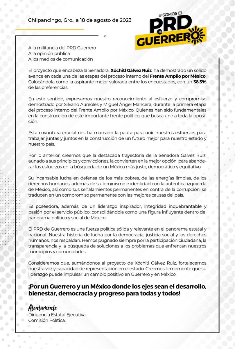 prdguerrero_'s tweet photo. 📢 Comunicado Oficial del PRD Guerrero☀️ 
Reafirmamos nuestro compromiso con los valores y principios que nos guían. Destacamos la identidad de @XochitlGalvez con nuestro partido. https://t.co/zlddncFmOL