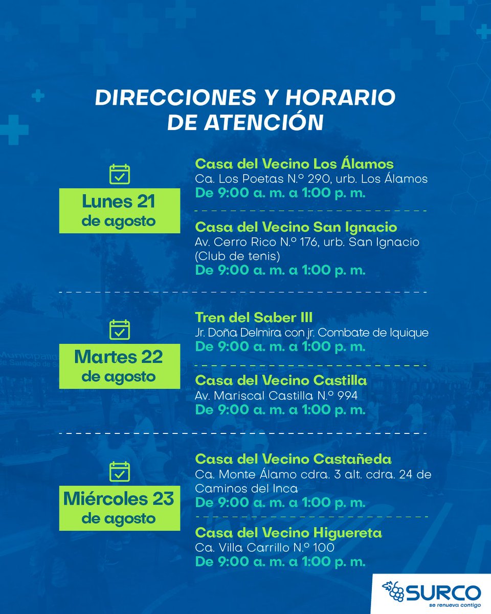 munisurco1's tweet photo. En el marco del #DíaDelAdultoMayor 👴, realizaremos una campaña de salud gratuita en diversos centros, donde se brindarán los servicios de medicina general,  entre otros. ¡Te esperamos!

📆 21, 22, 23, 24 y 25 de agosto
⏰ De 9:00 a.m. a 1:00 p.m.
📍 Conoce los lugares 👇 https://t.co/BIxjea1z1o