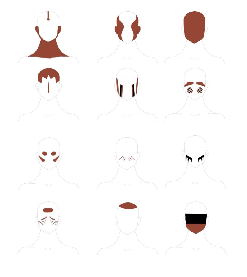 Nearly all Oneida make-up was either black or red. Graphite, hematite, and coal were ground to form black pigments while red ochre from earthen clays containing hematite would form red pigments. Below are some common Haudenosaunee face paint patterns provided by Carter King: