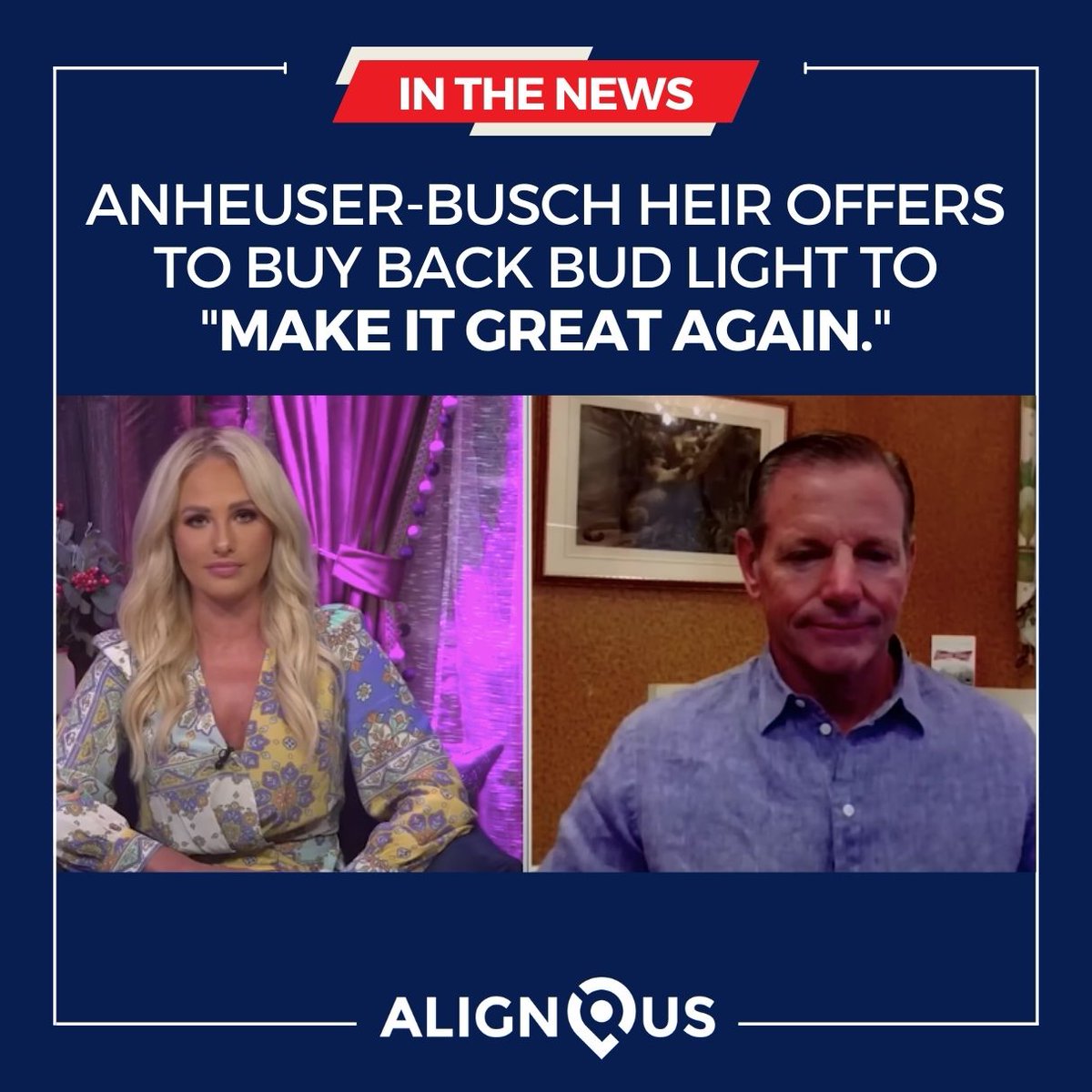 AlignUs1's tweet photo. On Tomi Lahren's show 'Fearless,' Billy Busch said if he took over Bud Light he would first apologize, change its advertising, focus on bringing people together as well as loving & honoring America.
#AlignYourDollars #VoteWithYourWallet #InBev #AnheuserBusch #Beer #GoWokeGoBroke https://t.co/un8fl9ZOVW